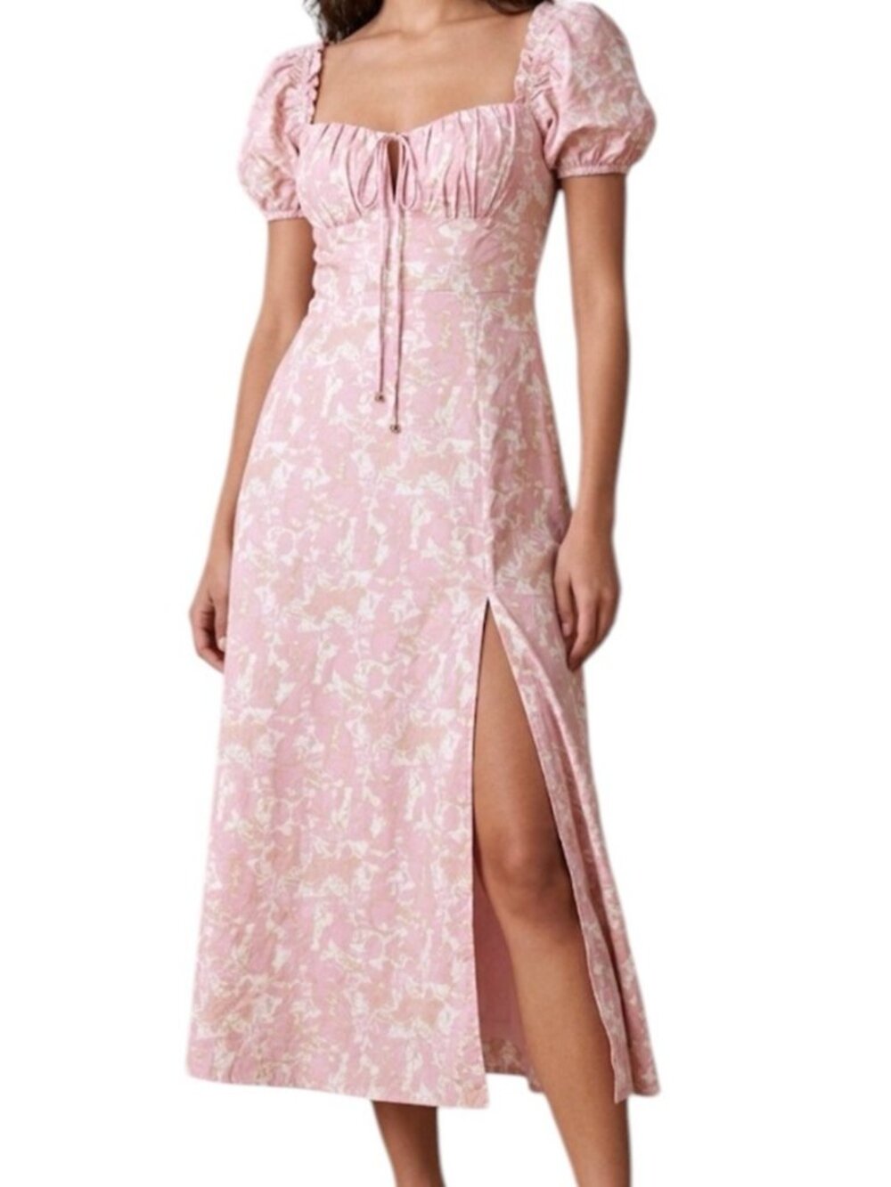 Indikah Pink Floral Sweetheart Lace Neck Cottage Barbiecore Slit Dress Large